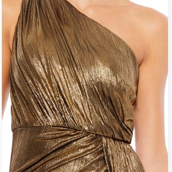 NWT Mac Duggal 26537 Draped One Shoulder Grecian Metallic Gown Dress  Gold Sz 10 - Picture 5 of 8